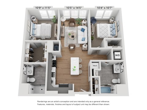 Floor plan for 2 beds, 2 baths, 1050 sqft